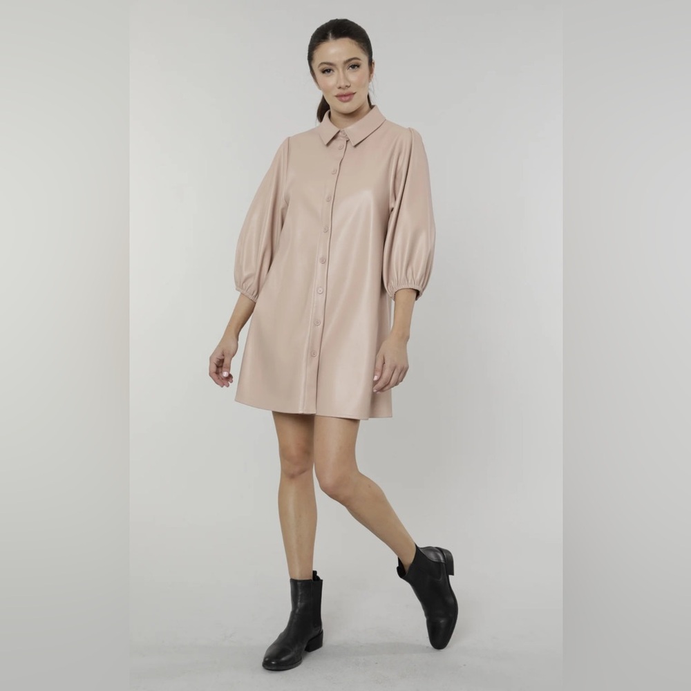 Dolce Cabo Neutral Color Vegan Leather Puff Sleeve Shirt Dress Size Large